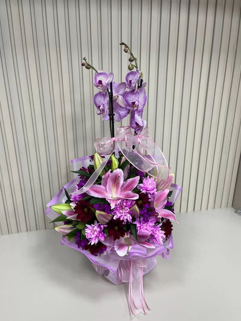 ÇİFT DAL KIRÇILLI MOR ORKİDE ARANJMANI