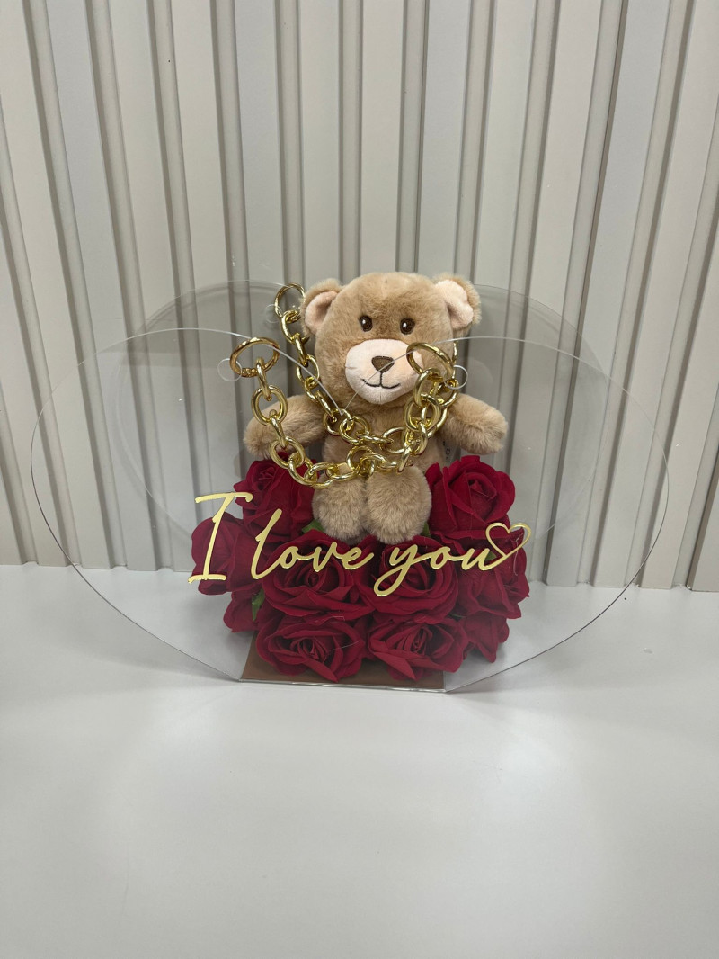 KAPLİ ÇANTA AYICIKLI YAPAY KIRMIZI GÜLLER